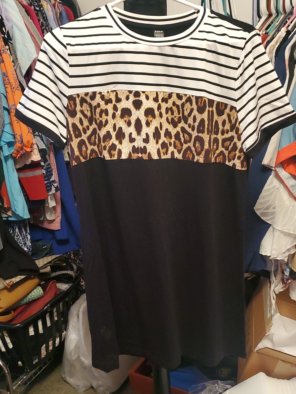 SHEIN Black White Striped Midi Dress with Leopard Panel